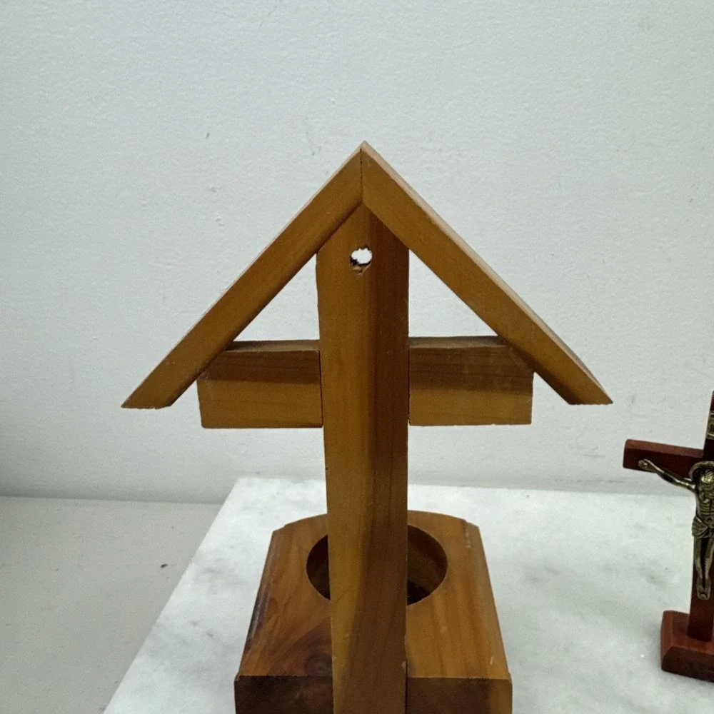 2 Vintage Wooden Crucifix Alter & Prayer Religious Candle Holder Made in USA